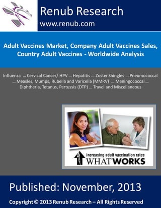 Renub Research
www.renub.com
Adult Vaccines Market, Company Adult Vaccines Sales,
Country Adult Vaccines - Worldwide Analysis
Influenza … Cervical Cancer/ HPV … Hepatitis … Zoster Shingles … Pneumococcal
… Measles, Mumps, Rubella and Varicella (MMRV) … Meningococcal …
Diphtheria, Tetanus, Pertussis (DTP) … Travel and Miscellaneous

Published: November, 2013
Copyright © 2013 Renub Research – All Rights Reserved

 