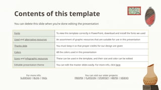 You can delete this slide when you’re done editing the presentation
Contents of this template
For more info:
SLIDESGO | BLOG | FAQs
You can visit our sister projects:
FREEPIK | FLATICON | STORYSET | WEPIK | VIDEVO
Fonts To view this template correctly in PowerPoint, download and install the fonts we used
Used and alternative resources An assortment of graphic resources that are suitable for use in this presentation
Thanks slide You must keep it so that proper credits for our design are given
Colors All the colors used in this presentation
Icons and infographic resources These can be used in the template, and their size and color can be edited
Editable presentation theme You can edit the master slides easily. For more info, click here
 