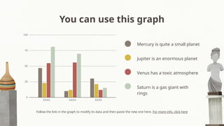You can use this graph
Follow the link in the graph to modify its data and then paste the new one here. For more info, click here
Mercury is quite a small planet
Jupiter is an enormous planet
Venus has a toxic atmosphere
Saturn is a gas giant with
rings
 