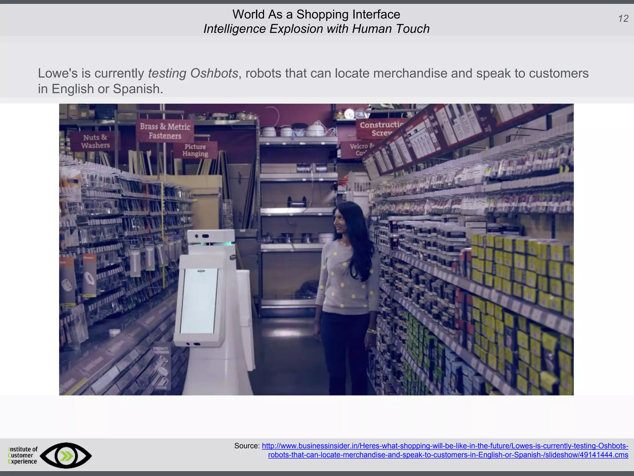 http://icdn2.digitaltrends.com/image/amazon-fulfillment-center-600x400.jpg?ver=1
http://icdn2.digitaltrends.com/image/amazon-fulfillment-center-600x400.jpg?ver=1
http://experiencerethink.com/wp-content/plugins/php-image-cache/image.php?path=/wp-
content/uploads/2011/01/future_2020c.jpg
12World As a Shopping Interface
http://icdn2.digitaltrends.com/image/amazon-fulfillment-center-600x400.jpg?ver=1
http://icdn2.digitaltrends.com/image/amazon-fulfillment-center-600x400.jpg?ver=1
http://experiencerethink.com/wp-content/plugins/php-image-cache/image.php?path=/wp-
content/uploads/2011/01/future_2020c.jpg
Source: http://www.businessinsider.in/Heres-what-shopping-will-be-like-in-the-future/Lowes-is-currently-testing-Oshbots-
robots-that-can-locate-merchandise-and-speak-to-customers-in-English-or-Spanish-/slideshow/49141444.cms
Lowe's is currently testing Oshbots, robots that can locate merchandise and speak to customers
in English or Spanish.
Intelligence Explosion with Human Touch
 