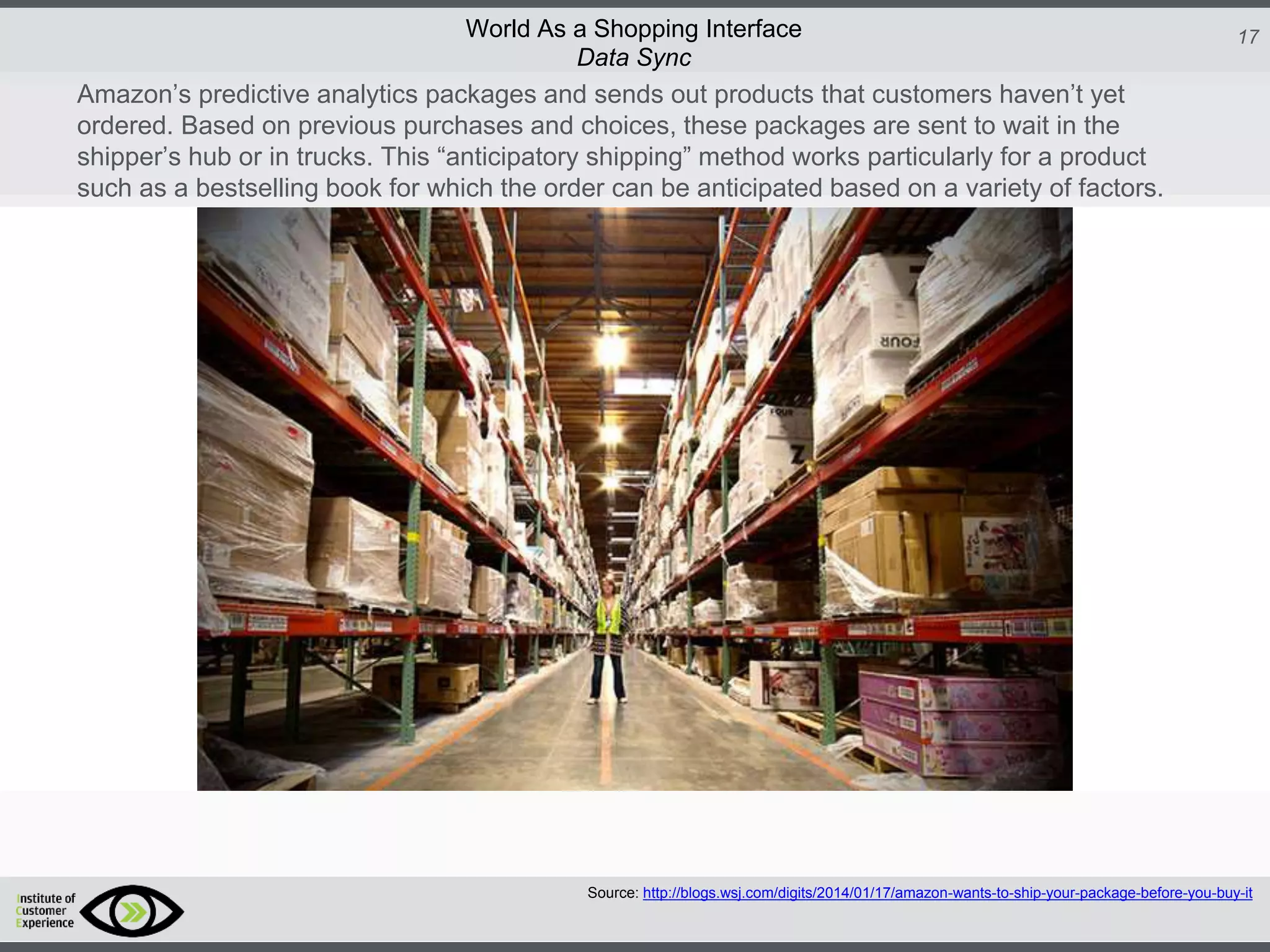 http://icdn2.digitaltrends.com/image/amazon-fulfillment-center-600x400.jpg?ver=1
http://icdn2.digitaltrends.com/image/amazon-fulfillment-center-600x400.jpg?ver=1
http://experiencerethink.com/wp-content/plugins/php-image-cache/image.php?path=/wp-
content/uploads/2011/01/future_2020c.jpg
17World As a Shopping Interface
http://icdn2.digitaltrends.com/image/amazon-fulfillment-center-600x400.jpg?ver=1
http://icdn2.digitaltrends.com/image/amazon-fulfillment-center-600x400.jpg?ver=1
http://experiencerethink.com/wp-content/plugins/php-image-cache/image.php?path=/wp-
content/uploads/2011/01/future_2020c.jpg
Data Sync
Amazon’s predictive analytics packages and sends out products that customers haven’t yet
ordered. Based on previous purchases and choices, these packages are sent to wait in the
shipper’s hub or in trucks. This “anticipatory shipping” method works particularly for a product
such as a bestselling book for which the order can be anticipated based on a variety of factors.
Source: http://blogs.wsj.com/digits/2014/01/17/amazon-wants-to-ship-your-package-before-you-buy-it
 