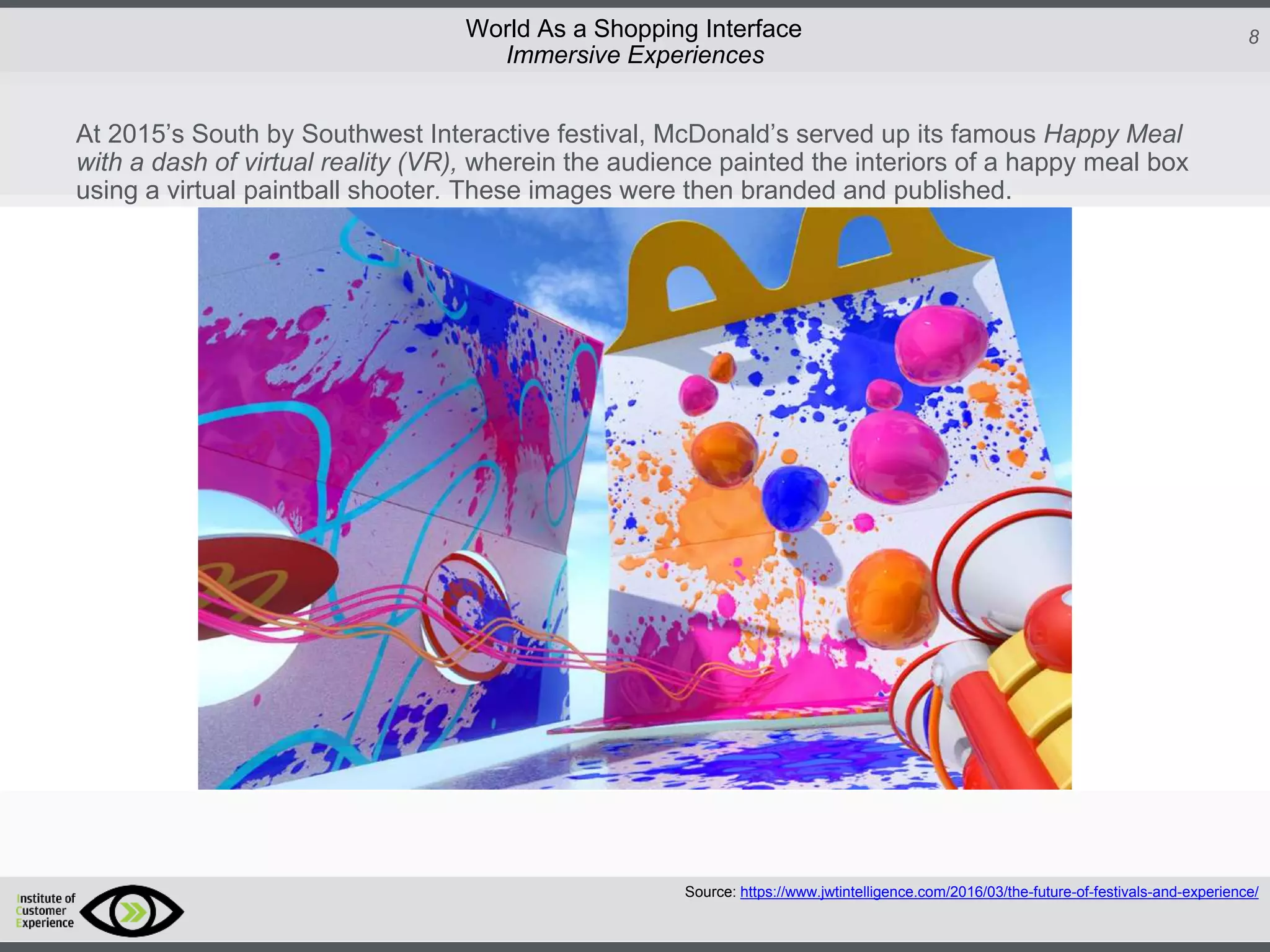 http://icdn2.digitaltrends.com/image/amazon-fulfillment-center-600x400.jpg?ver=1
http://icdn2.digitaltrends.com/image/amazon-fulfillment-center-600x400.jpg?ver=1
http://experiencerethink.com/wp-content/plugins/php-image-cache/image.php?path=/wp-
content/uploads/2011/01/future_2020c.jpg
8World As a Shopping Interface
http://icdn2.digitaltrends.com/image/amazon-fulfillment-center-600x400.jpg?ver=1
http://icdn2.digitaltrends.com/image/amazon-fulfillment-center-600x400.jpg?ver=1
http://experiencerethink.com/wp-content/plugins/php-image-cache/image.php?path=/wp-
content/uploads/2011/01/future_2020c.jpg
Source: https://www.jwtintelligence.com/2016/03/the-future-of-festivals-and-experience/
Immersive Experiences
At 2015’s South by Southwest Interactive festival, McDonald’s served up its famous Happy Meal
with a dash of virtual reality (VR), wherein the audience painted the interiors of a happy meal box
using a virtual paintball shooter. These images were then branded and published.
 