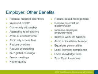 Custom Savings CalculatorTotal # of employees# TeleworkersDays / week they will teleworkAdditionalpeople who could work at homeRoundtrip miles to workRoundtrip commute in minutesOther employee Savings$ per gallon of gas% teleworker offices that are eliminatedCost per kWh of electricityCost/per officeCost of losing an employeeCost of unscheduled absences% Reduction in absences% of employees who quit each year% improvement in retentionAssumed improvement in productivityAverage annual earnings of teleworkersOther company savings % Who could work at home% of people who want to telework% Daily travel reductionParking, Lunch, Work ClothesOther Individual Savings/YearDay Care Costs
