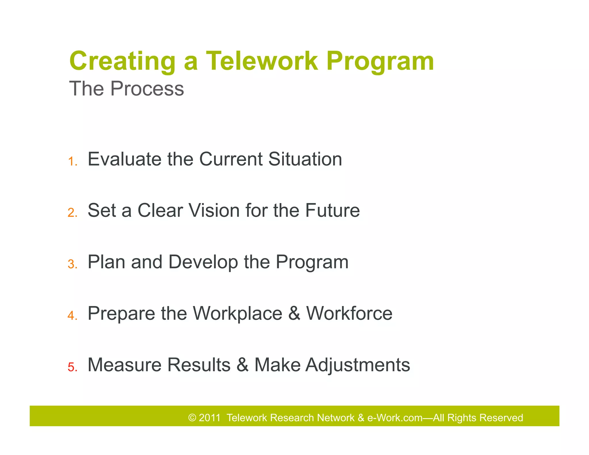 Creating a Telework Program
The Process


1.    Evaluate the Current Situation

2.    Set a Clear Vision for the Future

3.    Plan and Develop the Program

4.    Prepare the Workplace & Workforce

5.    Measure Results & Make Adjustments

                  © 2011 Telework Research Network & e-Work.com—All Rights& Exhibition
                                            2010 Total Rewards Conference Reserved
 