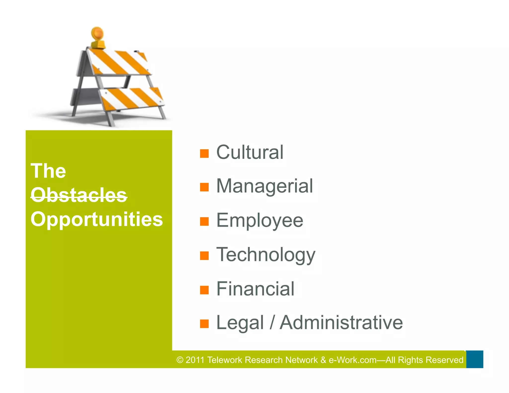 n  Cultural
The
                     n  Managerial
Obstacles
Opportunities        n  Employee

                     n  Technology

                     n  Financial

                     n  Legal       / Administrative
                © 2011 Telework Research2011 Total&Rewards Conference & Exhibition
                                         Network e-Work.com—All Rights Reserved
 