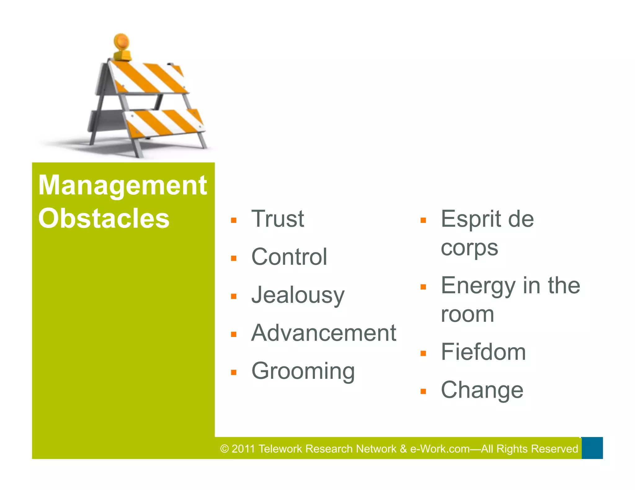 Management
Obstacles     §    Trust                        §    Esprit de
              §    Control                            corps

              §    Jealousy                     §    Energy in the
                                                       room
              §    Advancement
                                                 §    Fiefdom
              §    Grooming
                                                 §    Change

             © 2011 Telework Research2011 Total&Rewards Conference & Exhibition
                                      Network e-Work.com—All Rights Reserved
 