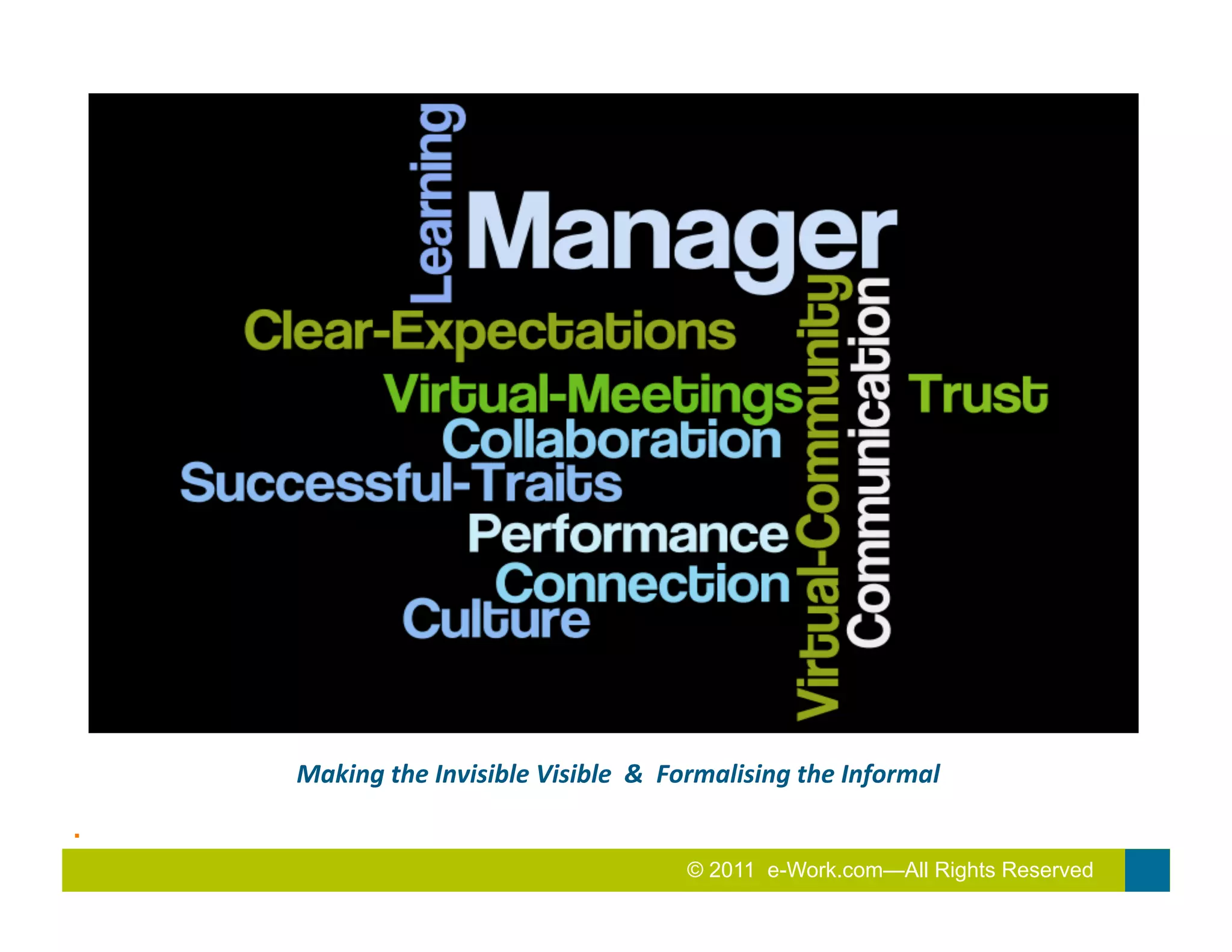 Making	
  the	
  Invisible	
  Visible	
  	
  &	
  	
  Formalising	
  the	
  Informal	
  
.	
  
                                                            © 2011 e-Work.com—All Rights Reserved
 