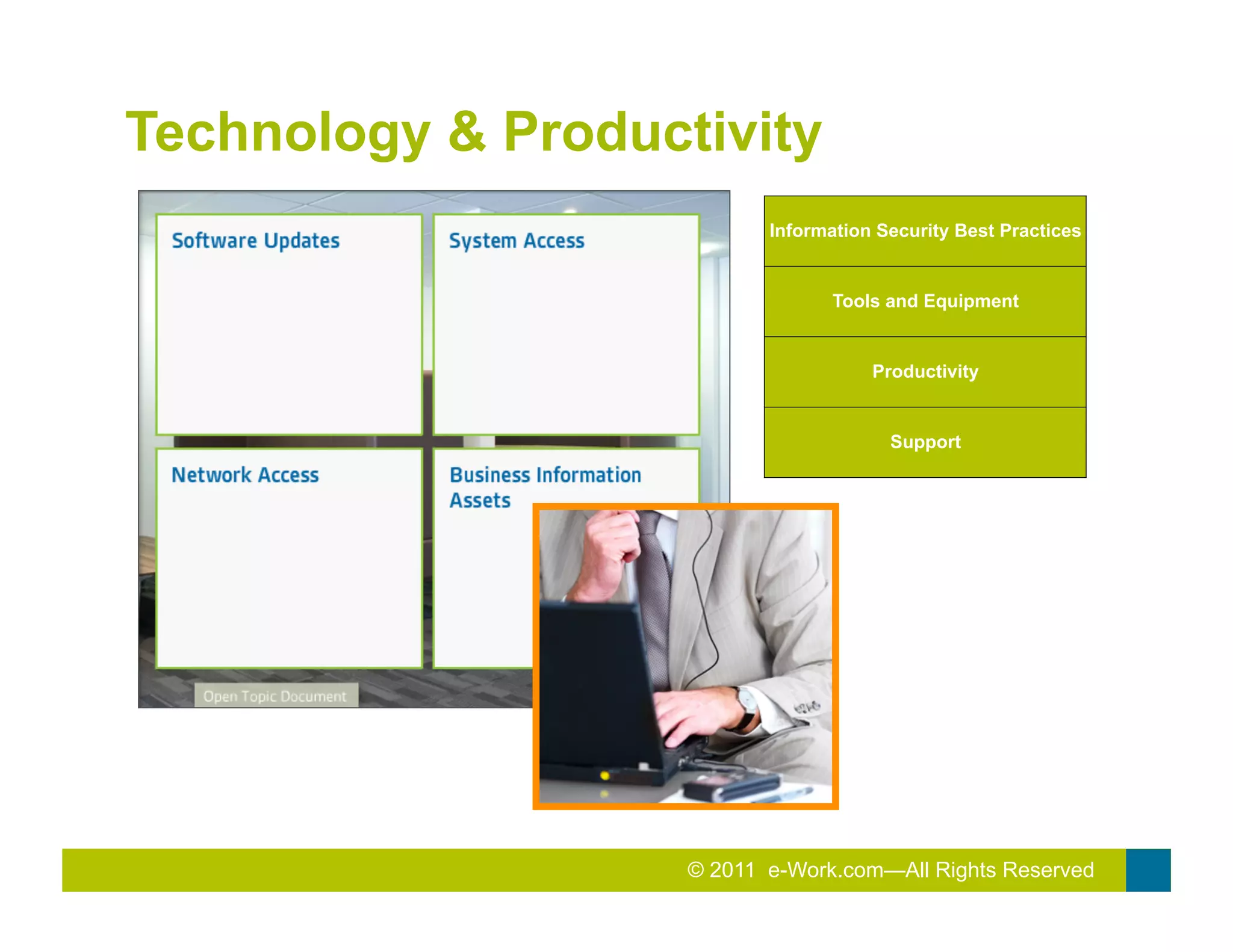 Technology & Productivity
                           Information Security Best Practices


                                  Tools and Equipment


                                      Productivity


                                        Support




                   © 2011 e-Work.com—All Rights Reserved
                   2010 Total Rewards Conference & Exhibition
 