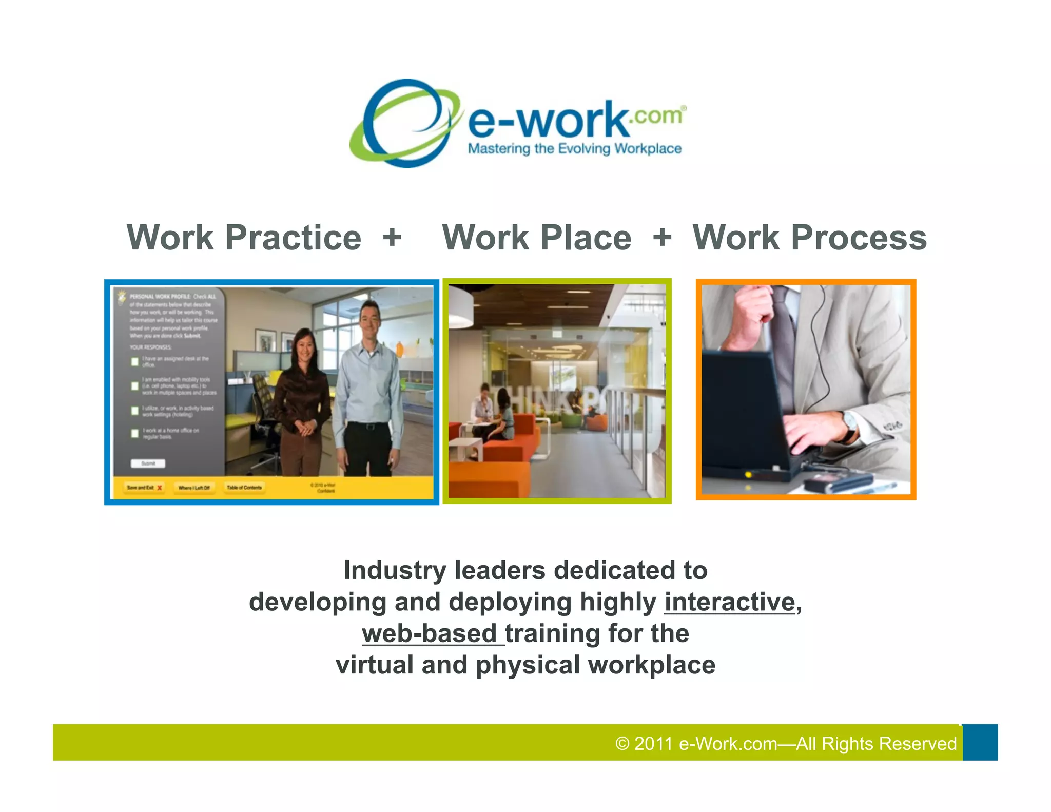 Work Practice +      Work Place + Work Process




             Industry leaders dedicated to
      developing and deploying highly interactive,
               web-based training for the
            virtual and physical workplace

                               2011 ©Total Rewards Conference & Exhibition
                                2010 2011 e-Work.com—All Rights Reserved
                                    Total Rewards Conference & Exhibition
 