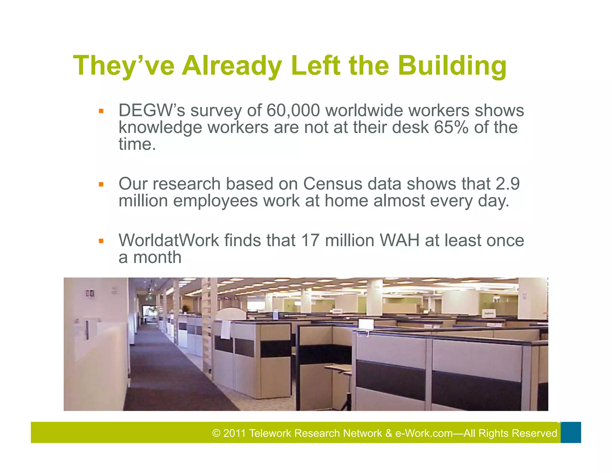They’ve Already Left the Building
 §    DEGW’s survey of 60,000 worldwide workers shows
       knowledge workers are not at their desk 65% of the
       time.

 §    Our research based on Census data shows that 2.9
       million employees work at home almost every day.

 §    WorldatWork finds that 17 million WAH at least once
       a month




                  © 2011 Telework Research2010 Total&Rewards Conference & Exhibition
                                          2011
                                           Network e-Work.com—All Rights Reserved
 