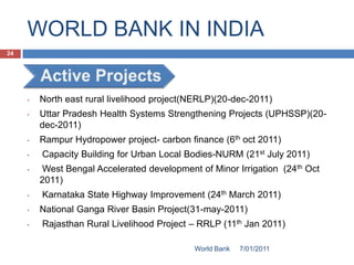 WORLD BANK IN INDIA
24




     •   North east rural livelihood project(NERLP)(20-dec-2011)
     •   Uttar Pradesh Health Systems Strengthening Projects (UPHSSP)(20-
         dec-2011)
     •   Rampur Hydropower project- carbon finance (6th oct 2011)
     •   Capacity Building for Urban Local Bodies-NURM (21st July 2011)
     •   West Bengal Accelerated development of Minor Irrigation (24th Oct
         2011)
     •   Karnataka State Highway Improvement (24th March 2011)
     •   National Ganga River Basin Project(31-may-2011)
     •   Rajasthan Rural Livelihood Project – RRLP (11th Jan 2011)

                                             World Bank   7/01/2011
 