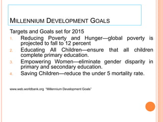 MILLENNIUM DEVELOPMENT GOALS
Targets and Goals set for 2015
1.
Reducing Poverty and Hunger—global poverty is
projected to fall to 12 percent
2.
Educating All Children—ensure that all children
complete primary education.
3.
Empowering Women—eliminate gender disparity in
primary and secondary education.
4.
Saving Children—reduce the under 5 mortality rate.
www.web.worldbank.org ―Millennium Development Goals‖

 