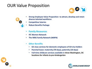 OUR Value Proposition
• Strong Employee Value Proposition to attract, develop and retain
diverse talented workforce
• Competitive Salaries
• Robust Benefits Package
• Family Resources
• IFC Women Network
• The WBG Family Network (WBFN)
• Other Benefits
• G5 visas services for domestic employees of G4 visa holders
• Parental leave: maternity (70 days), paternity (10 days)
• Full-time childcare services available in three Washington, DC
locations for infants to pre-kindergarten
 