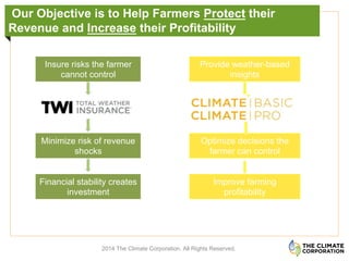 Our Objective is to Help Farmers Protect their
Revenue and Increase their Profitability
	
  
	
  
2014 The Climate Corporation. All Rights Reserved.
Insure risks the farmer
cannot control
Provide weather-based
insights
Minimize risk of revenue
shocks
Improve farming
profitability
Financial stability creates
investment
Our Objective is to Help Farmers Protect their
Revenue and Increase their Profitability
!
!
2014 The Climate Corporation. All Rights Reserved.
Insure risks the farmer
cannot control
Optimize decisions the
farmer can control
Minimize risk of revenue
shocks
Improve farming
profitability
Financial stability creates
investment
Revenue and Increase their Profitability
!
!
2014 The Climate Corporation. All Rights Reserved.
Insure risks the farmer
cannot control
Optimize decisions the
farmer can control
Minimize risk of revenue
shocks
Improve farming
profitability
Financial stability creates
investment
Optimize decisions the
farmer can control
 