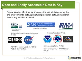 Open and Easily Accessible Data is Key
2014 The Climate Corporation. All Rights Reserved.
For	
  our	
  product	
  oﬀerings	
  we	
  are	
  accessing	
  and	
  joining	
  geographical	
  
and	
  environmental	
  data,	
  agricultural	
  produc.on	
  data,	
  and	
  weather	
  
data	
  at	
  any	
  loca.on	
  in	
  the	
  US.	
  	
  
 