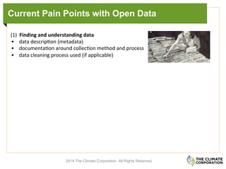 Current Pain Points with Open Data
(1)	
  	
  Finding	
  and	
  understanding	
  data	
  
•  data	
  descrip.on	
  (metadata)	
  	
  
•  documenta.on	
  around	
  collec.on	
  method	
  and	
  process	
  	
  
•  data	
  cleaning	
  process	
  used	
  (if	
  applicable)	
  
	
  
2014 The Climate Corporation. All Rights Reserved.
 