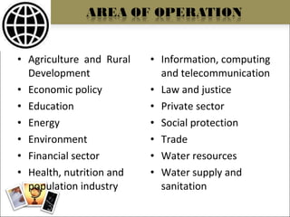 Agriculture  and  Rural Development Economic policy Education Energy Environment Financial sector Health, nutrition and population industry Information, computing and telecommunication Law and justice Private sector Social protection Trade Water resources Water supply and sanitation 