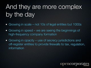 And they are more complex
by the day
Growing in scale – not 10s of legal entities but 1000s
Growing in speed – we are seeing the beginnings of
high-frequency company formation
Growing in opacity – use of secrecy jurisdictions and
off-register entities to provide ﬁrewalls to tax, regulation,
information
 
