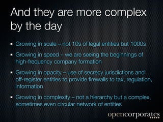And they are more complex
by the day
Growing in scale – not 10s of legal entities but 1000s
Growing in speed – we are seeing the beginnings of
high-frequency company formation
Growing in opacity – use of secrecy jurisdictions and
off-register entities to provide ﬁrewalls to tax, regulation,
information
Growing in complexity – not a hierarchy but a complex,
sometimes even circular network of entities
 