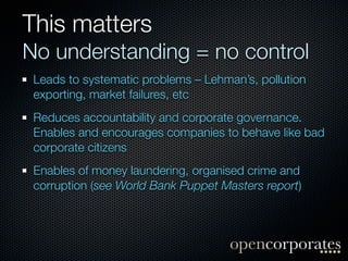 This matters
No understanding = no control
 Leads to systematic problems – Lehman’s, pollution
 exporting, market failures, etc
 Reduces accountability and corporate governance.
 Enables and encourages companies to behave like bad
 corporate citizens
 Enables of money laundering, organised crime and
 corruption (see World Bank Puppet Masters report)
 