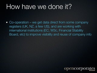 How have we done it?

Co-operation – we get data direct from some company
registers (UK, NZ, a few US), and are working with
international institutions (EC, W3c, Financial Stability
Board, etc) to improve visibility and reuse of company info
 