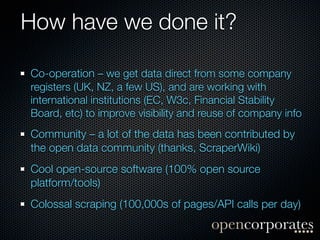 How have we done it?

Co-operation – we get data direct from some company
registers (UK, NZ, a few US), and are working with
international institutions (EC, W3c, Financial Stability
Board, etc) to improve visibility and reuse of company info
Community – a lot of the data has been contributed by
the open data community (thanks, ScraperWiki)
Cool open-source software (100% open source
platform/tools)
Colossal scraping (100,000s of pages/API calls per day)
 