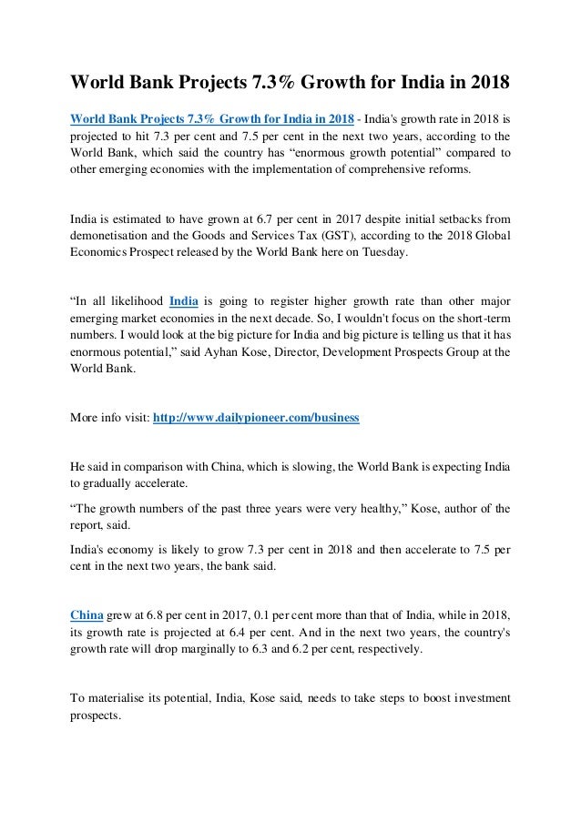 World Bank Projects 7 3 Growth For India In 2018