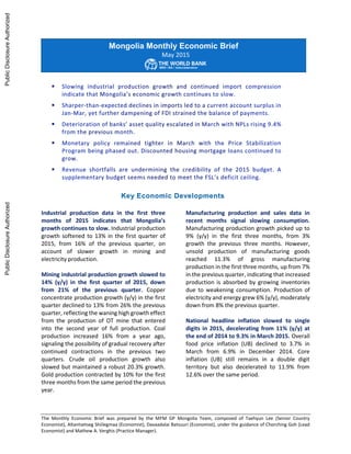 The Monthly Economic Brief was prepared by the MFM GP Mongolia Team, composed of Taehyun Lee (Senior Country
Economist), A...