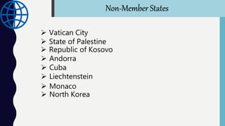  Andorra
 Cuba
 Liechtenstein
 Monaco
 North Korea
 Vatican City
 State of Palestine
 Republic of Kosovo
Non-Member States
 