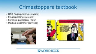 Crimestoppers textbook
•   DNA fingerprinting (revised)
•   Fingerprinting (revised)
•   Forensic pathology (new)
•   Medical examiner (revised)
 