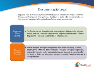 Documentação Legal:
       Seguindo a Lei de Franquia e principalmente buscando atender uma relação comercial
       Franqueador/Franqueado transparente, duradoura e justa, são confeccionados os
       instrumentos legais para a formalização das futuras parcerias comerciais:




Circular de    • Confecção de um dos principais instrumentos da Franquia, sempre
  Oferta         atento a Lei de Franquia e Modelo de Negócio determinado a oferta
 (C.O.F.)        do produto Franquia ao candidatos interessados




               • Amparado por Advogados especializados em franchising, iremos
Contrato         desenvolver a Minuta de Contrato de Franquia (obrigatória por lei),
Padrão de        buscando atender todas as expectativas da parceria e manutenção
 Franquia        do negócio de forma adequada e com a proteção devida a Marca e à
                 Franqueadora.
 