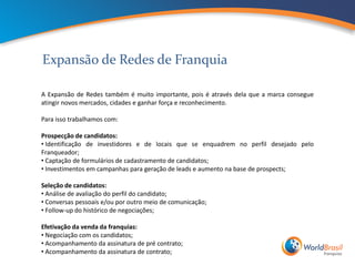 Expansão de Redes de Franquia

A Expansão de Redes também é muito importante, pois é através dela que a marca consegue
atingir novos mercados, cidades e ganhar força e reconhecimento.

Para isso trabalhamos com:

Prospecção de candidatos:
• Identificação de investidores e de locais que se enquadrem no perfil desejado pelo
Franqueador;
• Captação de formulários de cadastramento de candidatos;
• Investimentos em campanhas para geração de leads e aumento na base de prospects;

Seleção de candidatos:
• Análise de avaliação do perfil do candidato;
• Conversas pessoais e/ou por outro meio de comunicação;
• Follow-up do histórico de negociações;

Efetivação da venda da franquias:
• Negociação com os candidatos;
• Acompanhamento da assinatura de pré contrato;
• Acompanhamento da assinatura de contrato;
 