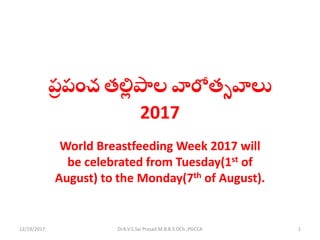 ప్ర ప్౦చ తల్లి పాల వారోతసవాు
2017
World Breastfeeding Week 2017 will
be celebrated from Tuesday(1st of
August) to the Monday(7th of August).
112/19/2017 Dr.K.V.S.Sai Prasad M.B.B.S.DCh.,PGCCA
 