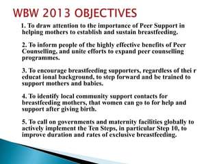1. To draw attention to the importance of Peer Support in
helping mothers to establish and sustain breastfeeding.
2. To inform people of the highly effective benefits of Peer
Counselling, and unite efforts to expand peer counselling
programmes.
3. To encourage breastfeeding supporters, regardless of thei r
educat ional background, to step forward and be trained to
support mothers and babies.
4. To identify local community support contacts for
breastfeeding mothers, that women can go to for help and
support after giving birth.
5. To call on governments and maternity facilities globally to
actively implement the Ten Steps, in particular Step 10, to
improve duration and rates of exclusive breastfeeding.
 