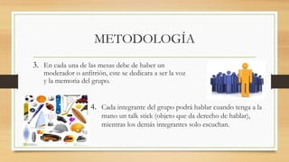 METODOLOGÍA
3. En cada una de las mesas debe de haber un
moderador o anfitrión, este se dedicara a ser la voz
y la memoria del grupo.
4. Cada integrante del grupo podrá hablar cuando tenga a la
mano un talk stick (objeto que da derecho de hablar),
mientras los demás integrantes solo escuchan.
 
