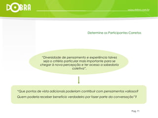 “ Diversidade de pensamento e experiência talvez seja o critério particular mais importante para se chegar à nova percepção e ter acesso a sabedoria coletiva”. “ Que pontos de vista adicionais poderiam contribuir com pensamentos valiosos?  Quem poderia receber beneficio verdadeiro por fazer parte da conversação”? Pag. 71 Determine os Participantes Corretos 