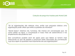 Coleção de perguntas trazidas pelo World Café Pag. 35 “ Se as organizações são sistemas vivos, então que processos básicos uma organização pode utilizar que reflita os padrões da natureza?” “ David Isaacs”: Estamos nós, humanos, tão imersos em conversação que, tal como peixes na água, a conversação é nosso meio de sobrevivência e nós simplesmente não podemos ver? Esta consciência poderia servir de apoio para que líderes se tornem mais intencionais no que diz respeito a promover redes associadas de conversação cujo foco sejam as questões mais importantes de suas organizações? 