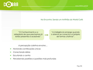 A percepção coletiva envolve… Honrando contribuições únicas Conectando idéias Escutando o centro Percebendo padrões e questões mais profundas Pag.185 No Encontro: Sendo um Anfitrião do World Café “ O Conhecimento e a sabedoria de que precisamos já estão presentes e acessíveis”. “ A inteligência emerge quando o sistema se conecta a sí próprio de formas criativas”. 