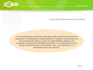 Pag. 37 O que Vemos Determina o que Fazemos “ A conversação é o processo central por meio do qual nós, humanos, pensamos e coordenamos nossas ações em conjunto. O processo vivo da conversação está no centro do aprendizado coletivo e na evolução conjunta das atividades humanas.  A conversação é nosso modo humano de criar e de manter vivas – ou transformar – as realidades nas quais vivemos”. 