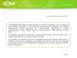 “ Os Diálogos Apreciativos, desenvolvidos por David Cooperrider e seus colegas na Case Western University, é um processo conversacional poderoso para avaliar previamente fontes intocadas de conhecimento, vitalidade e energia (Cooperrider e outros, 20063; Whitney e Trosten-Blomm, 2003; Watkins e Mohr, 2001).  Os Diálogos Apreciativos estimulam conversações vivídas acerca daquilo que a organização faz bem e revela seus bens ocultos.  Ao focalizar em aspectos do futuro desejado que já está sendo vivido hoje, os Diálogos Apreciativos possibilitam que líderes promovam redes de conversação que podem alavancar possibilidades emergentes ao invés de apenas consertar erros do passado”. Pag. 210 Apóie os Diálogos Apreciativos 