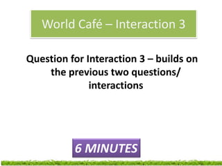 World Café – Interaction 3

Question for Interaction 3 – builds on
    the previous two questions/
              interactions




          6 MINUTES
 