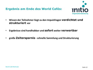 World Café Methode Seite 12
• Wissen der Teilnehmer liegt zu den Impulsfragen verdichtet und
strukturiert vor
• Ergebnisse sind handhabbar und sofort weiter verwertbar
• große Zeitersparnis - schnelle Sammlung und Strukturierung
Ergebnis am Ende des World Cafés:
 