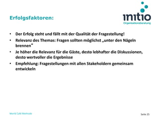 World Café Methode Seite 25
• Der Erfolg steht und fällt mit der Qualität der Fragestellung!
• Relevanz des Themas: Fragen sollten möglichst „unter den Nägeln
brennen“
• Je höher die Relevanz für die Gäste, desto lebhafter die Diskussionen,
desto wertvoller die Ergebnisse
• Empfehlung: Fragestellungen mit allen Stakeholdern gemeinsam
entwickeln
Erfolgsfaktoren:
 
