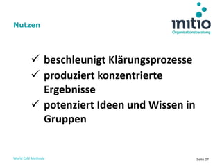 World Café Methode Seite 27
 beschleunigt Klärungsprozesse
 produziert konzentrierte
Ergebnisse
 potenziert Ideen und Wissen in
Gruppen
Nutzen
 