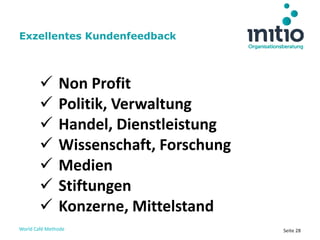 World Café Methode Seite 28
 Non Profit
 Politik, Verwaltung
 Handel, Dienstleistung
 Wissenschaft, Forschung
 Medien
 Stiftungen
 Konzerne, Mittelstand
Exzellentes Kundenfeedback
 