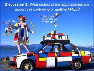 Discussion 3: What factors of the apps affected the
students in continuing or quitting MALL?
★L
ar ere n
★ Language
difficulty
of the apps
Life pattern
 