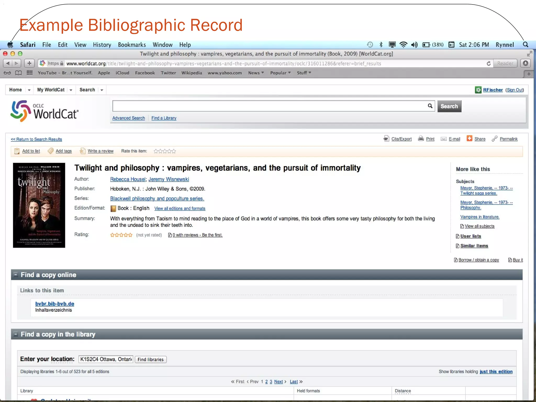 Example Bibliographic Record
 