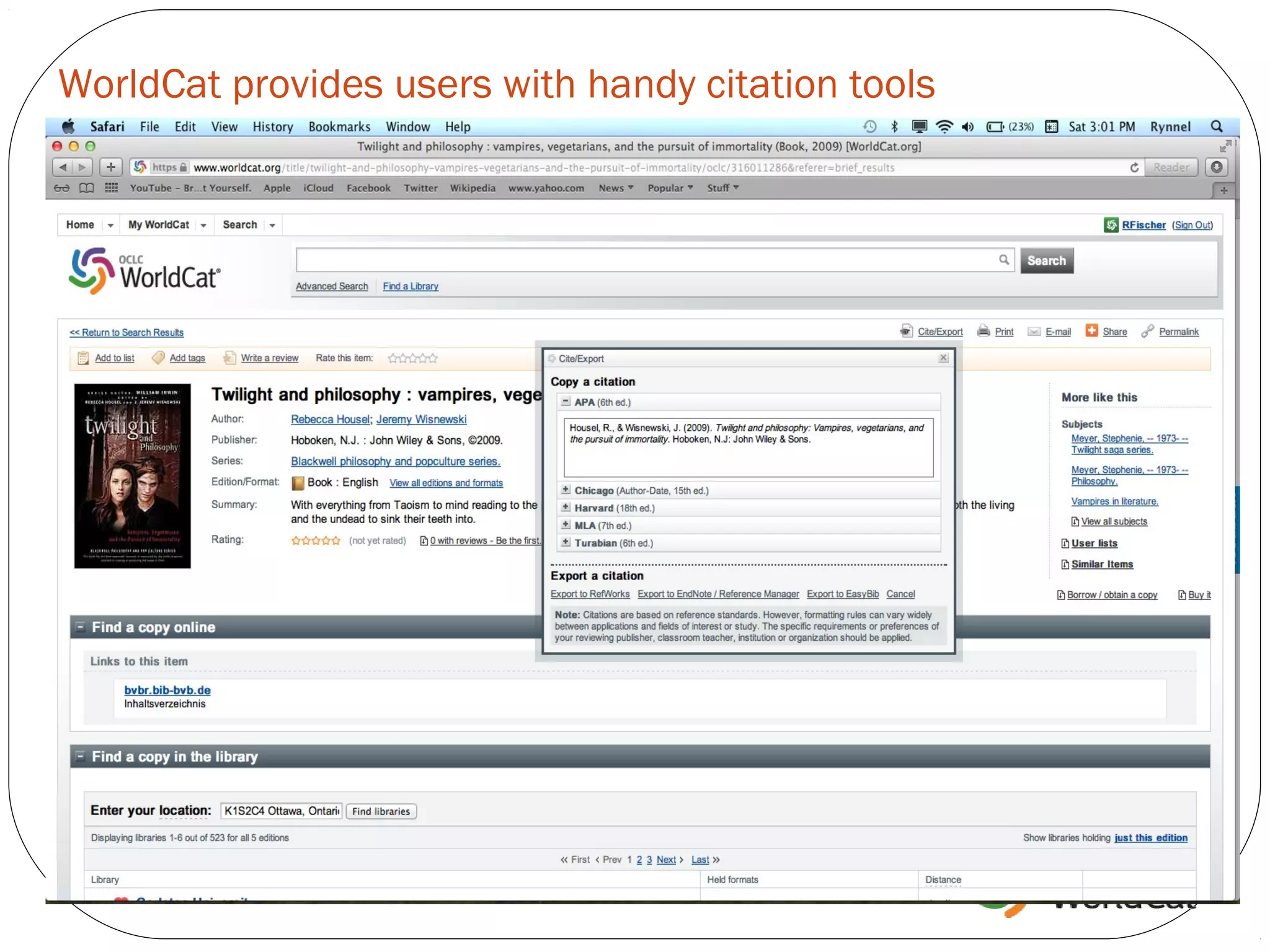 WorldCat provides users with handy citation tools
 