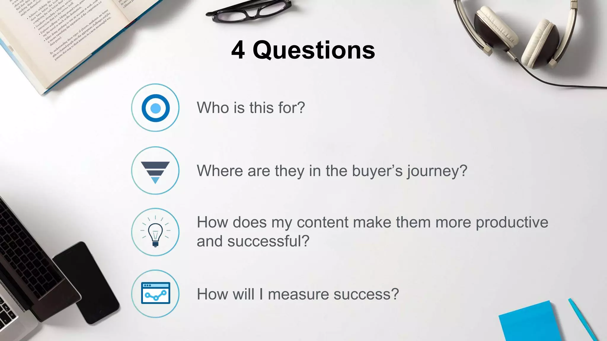 How does my content make them more productive
and successful?
Where are they in the buyer’s journey?
How will I measure success?
Who is this for?
4 Questions
 