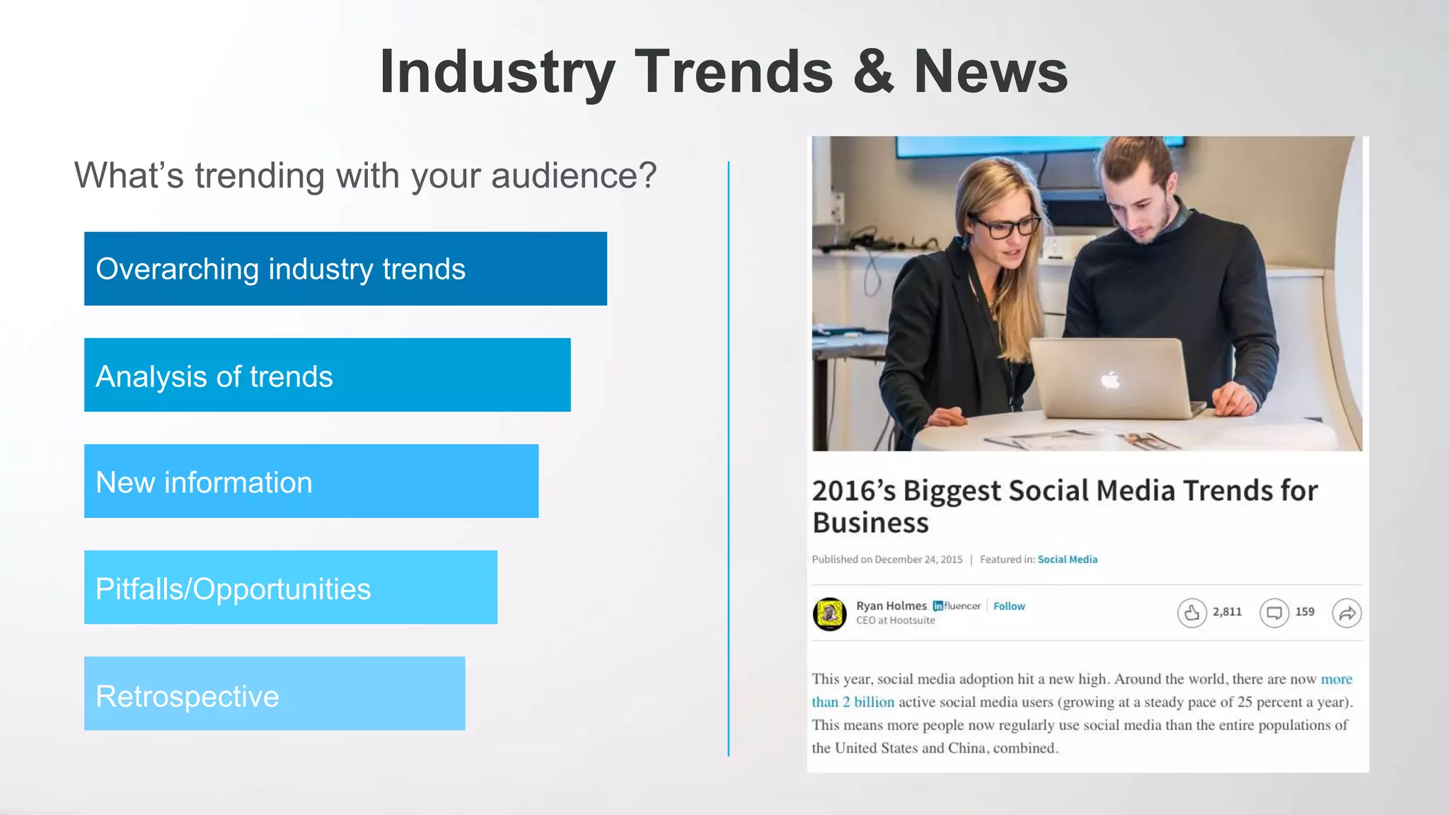 What’s trending with your audience?
Industry Trends & News
Overarching industry trends
Analysis of trends
New information
Pitfalls/Opportunities
Retrospective
 